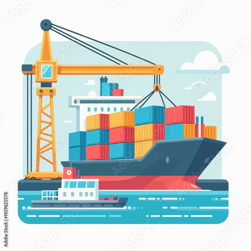 Colorful, flat design illustration of a cargo ship being loaded by a crane in a busy harbor.