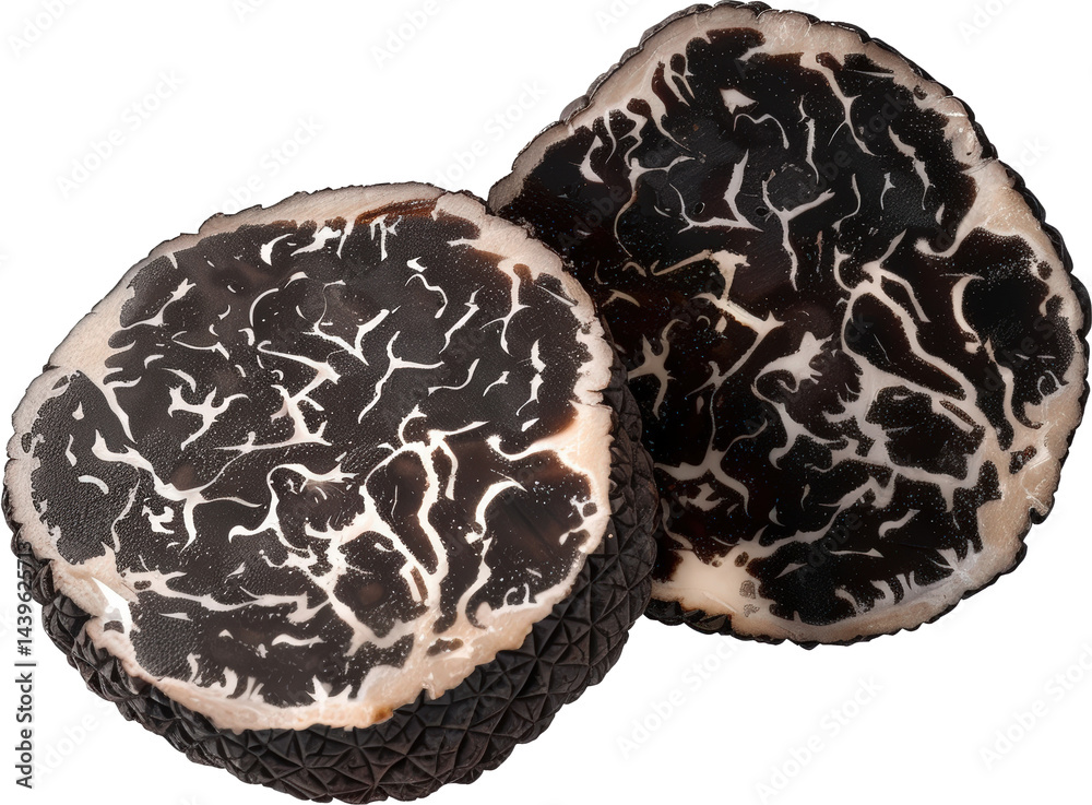 Black truffle slices on a white background