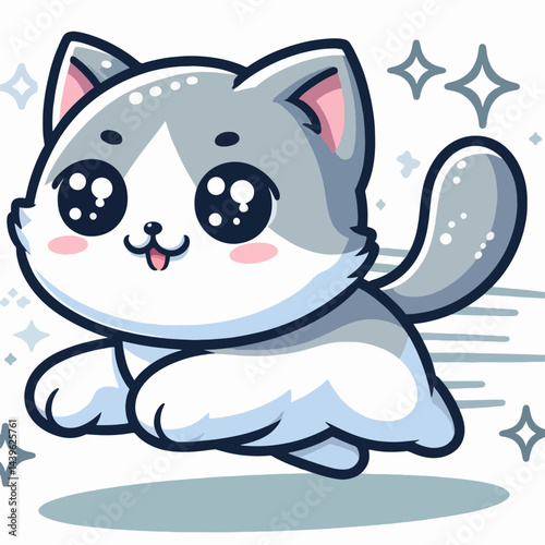Stylized, cartoon representation of a playful gray and white cat in mid-leap, with large expressive eyes and a cheerful expression.