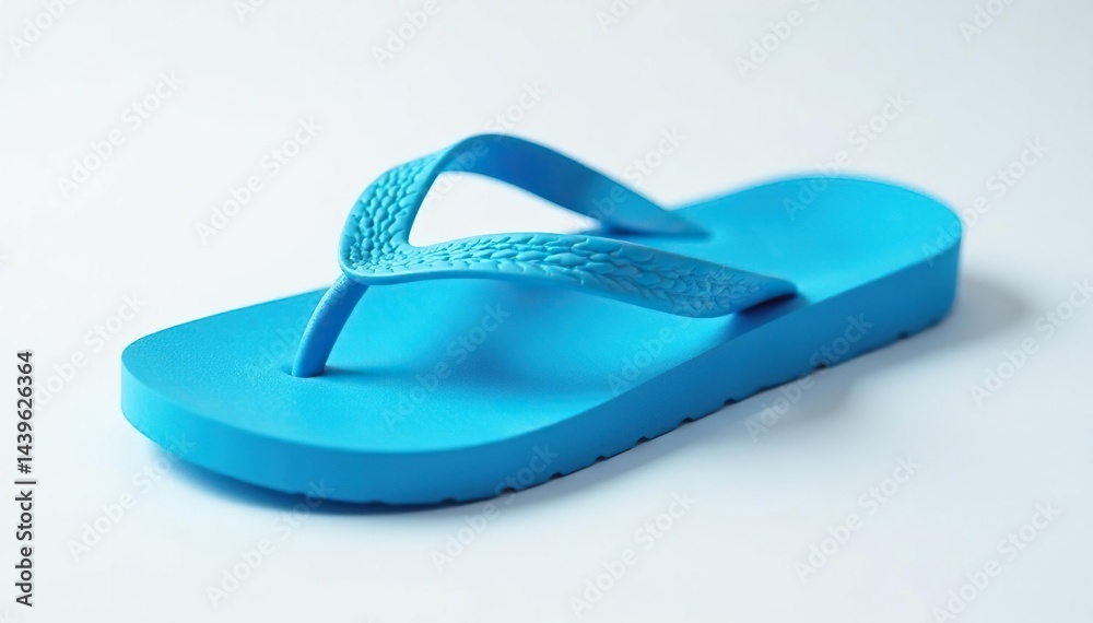 Close-up view of a single blue flip-flop on white , footwear, accessory, summer Close-up view of a single blue flip-flop on white , footwear, accessory, summer