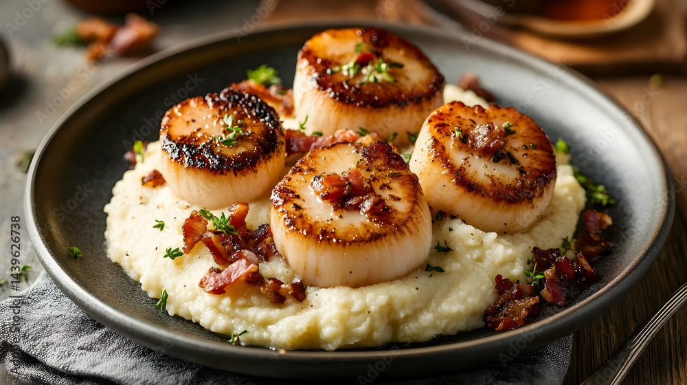 Seared Scallops with Bacon and Creamy Mashed Potatoes: A Gourmet Dish Seared Scallops with Bacon and Creamy Mashed Potatoes: A Gourmet Dish