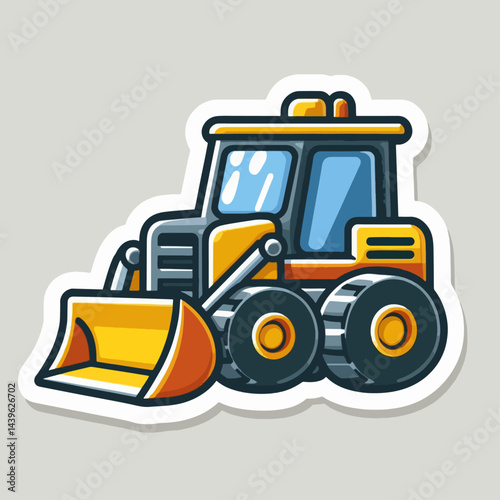 Stylized cartoon representation of a front-end loader, highlighting its simple, cheerful design.