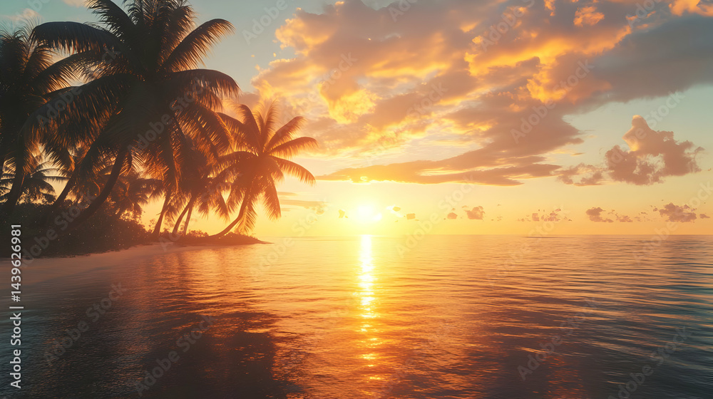 Obraz premium Serene Sunset on Tropical Island Beach: Palm Trees Golden Hour Ocean Paradise