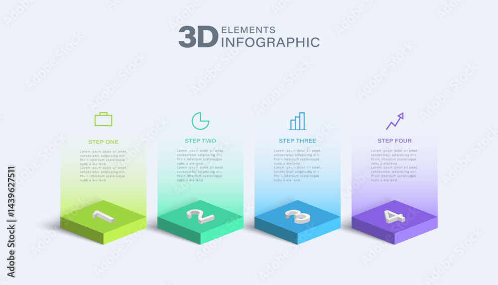 3d vector infographic design template with four steps or options. Business or marketing infographics with icons and data