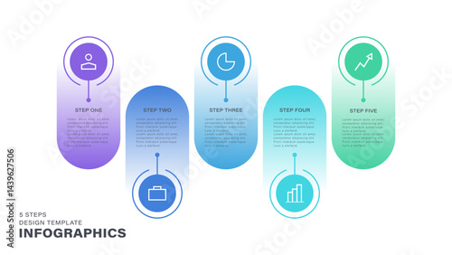 Infographic template with five steps or options with business or marketing icons and data. Round infographic elements for presentations or reports