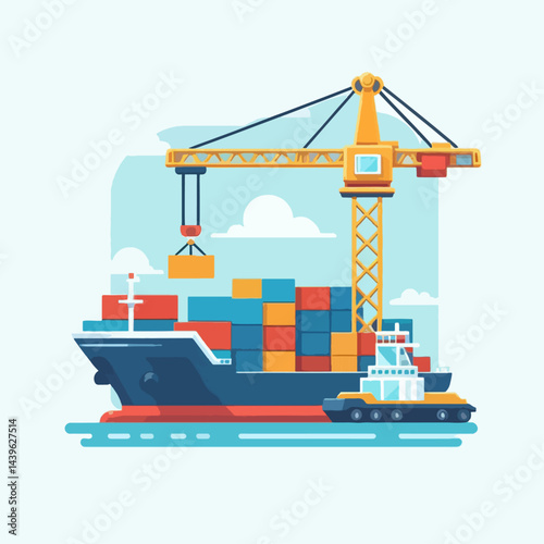 Vibrant graphic depicts a cargo ship docked and being loaded by a large crane, signifying global transportation and trade.