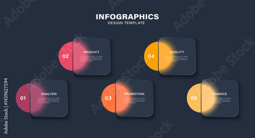 Glass morphism infographic design. Five steps or options with space for text