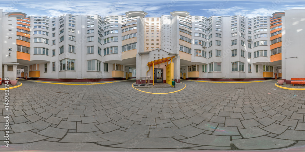 hdri 360 panorama view inside narrow yard of skyscraper house well in full seamless spherical equirectangular projection, ready for VR AR virtual reality content