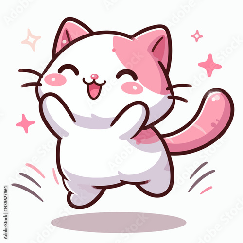 Digitally rendered illustration of a cheerful, cartoon cat jumping with joy, displaying vibrant pink and white coloring.