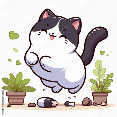Cartoon black and white cat character is depicted in a playful, jumping pose, surrounded by plants and scattered objects.