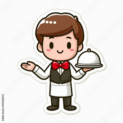 Friendly, cartoonish depiction of a young waiter carrying a dish, designed for use in a print or digital project. photo