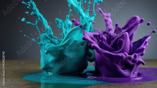 Dynamic splash of turquoise and purple paint creating an abstract fluid motion on surface photo