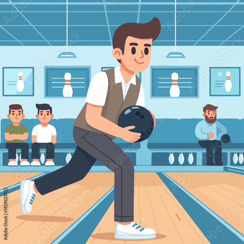 Cartoon illustration of a man in a bowling alley, mid-throw of a bowling ball,  with other people seated watching.
