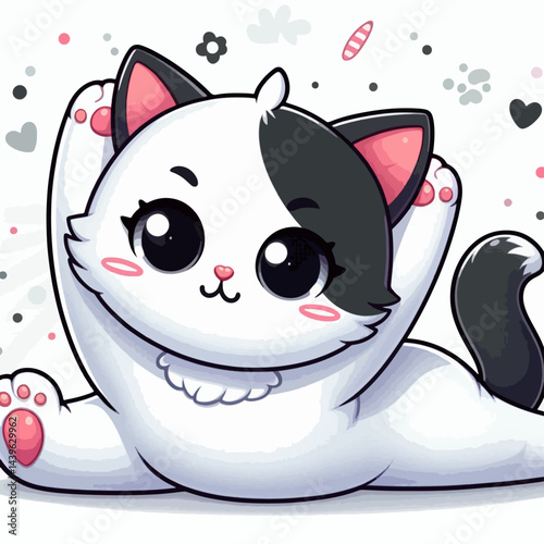 Digitally created cartoon cat, with a playful expression and large eyes, stretching its limbs.  Decorative elements are scattered around the image.