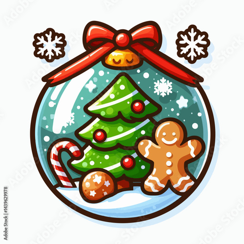 Cheerful cartoon illustration of a Christmas tree and gingerbread man nestled inside a snow globe, with festive details.