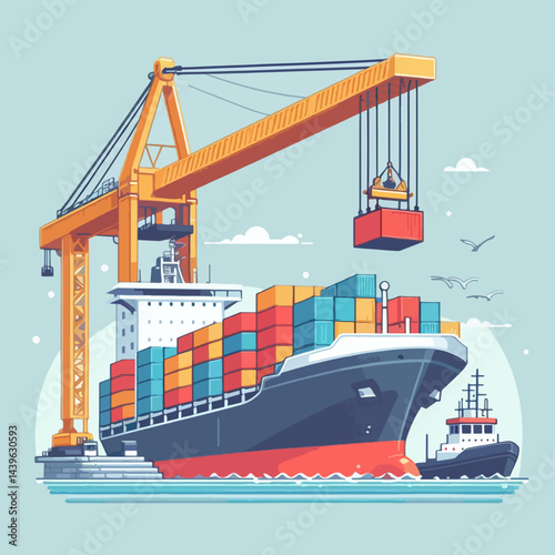 Colorful illustration of a large container ship being loaded by a towering harbor crane, with a smaller tugboat alongside.