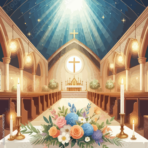 Detailed illustration of a church interior, showcasing a warm, radiant atmosphere and floral arrangements.