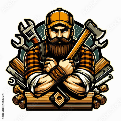 Bold illustration of a lumberjack figure, holding crossed tools, surrounded by carpentry equipment, emphasizing strength and skill.
