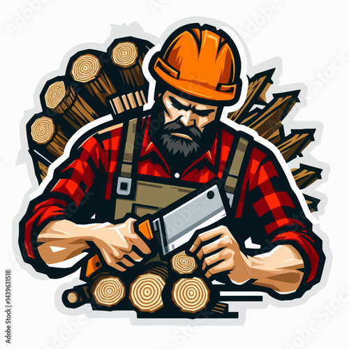 Strong, bearded man in a plaid shirt and safety gear is depicted chopping wood.