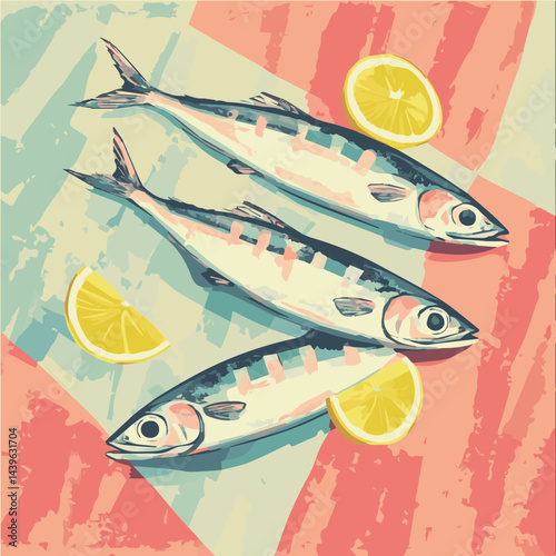 Vector illustration of sardine fish on table Mediterranean Italian style