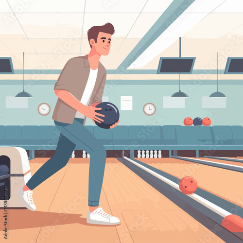 Cartoon illustration of a young man excitedly bowling in a modern, brightly lit bowling alley.