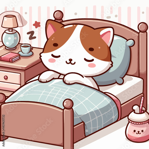 Charming cartoon depiction of a cat slumbering peacefully in a miniature bed,  with a pleasant bedroom setting.