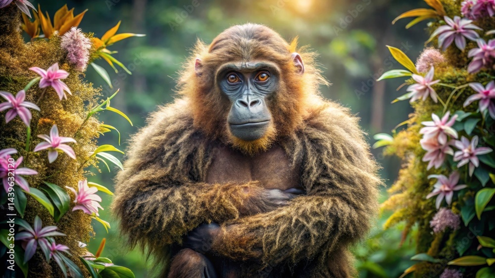Fototapeta premium A majestic primate, with rich brown fur, sits serenely amidst a vibrant tapestry of exotic flowers, bathed in the warm glow of sunlight filtering through the lush foliage.