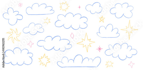 Crayon outlined kids clouds and stars set. Hand drawn various cloud shapes. Childish doodle girly naive icons pastel texture. Naive style childish vector elements isolated on white background