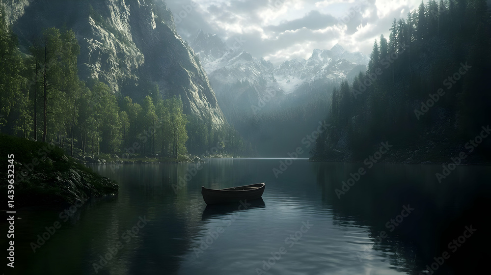 Fototapeta premium Serene Mountain Lake Landscape: A Peaceful Boat on Calm Waters