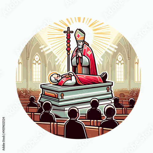 Religious leader lying in state, surrounded by a congregation of worshippers in a circular church setting.