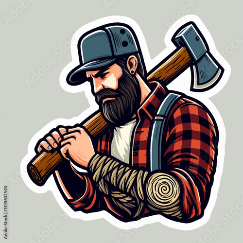 Cartoon illustration of a determined lumberjack, with an axe on his shoulder.