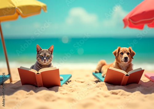 Obraz na płótnie Cat and dog on the beach w salonie