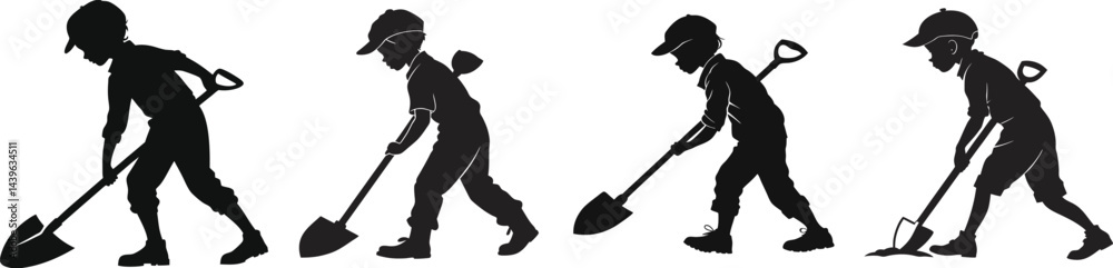 Obraz premium Boys Digging with Shovels Outdoor Work Children's Labor Concept Black Silhouette Vector Image