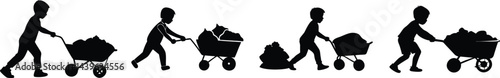 Child labor concept black silhouette vector image, Kids pushing wheelbarrows full of stuff 