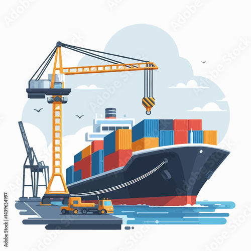 Colorful illustration of a large cargo ship docked at a port, alongside a crane and other port equipment, signifying international trade and transportation.