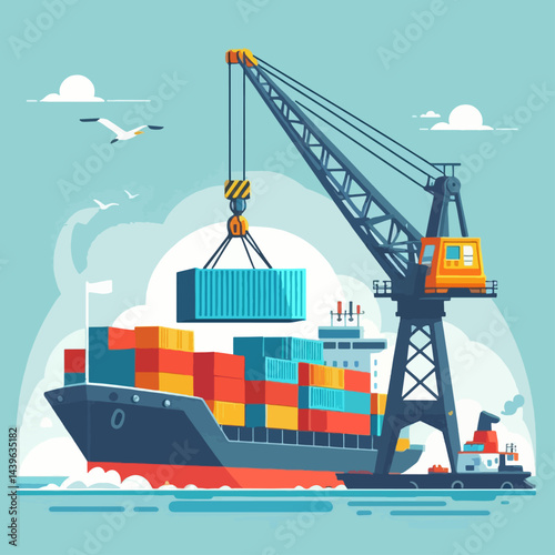 Stylized illustration showcases a cargo ship being loaded by a crane, suggesting the efficient process of international trade.
