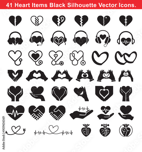 Heart icons set with medical, love, health, broken heart, headphones, and handshake symbols vector
