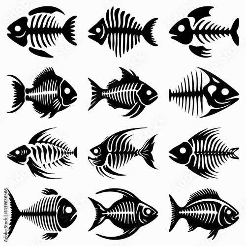 Collection of Stylized Fish Skeletons - Vector Black Silhouettes