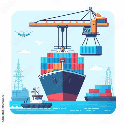 Flat illustration depicts a modern cargo ship being unloaded by a crane, surrounded by smaller vessels and port infrastructure.