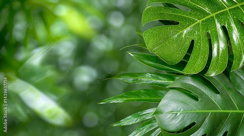 Obraz premium Tropical Leaves Arrangement with Green Bokeh Background
