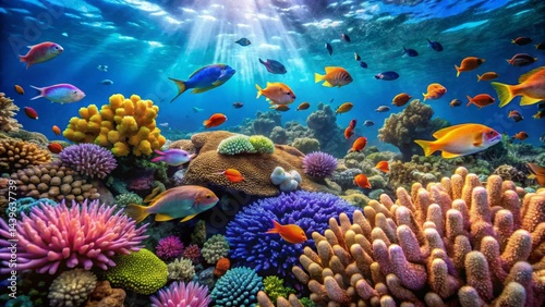 Vibrant Underwater Scene Showcasing a Thriving Coral Reef Ecosystem with Diverse Colorful Fish Species Swimming Amidst the Lush Coral Formations
