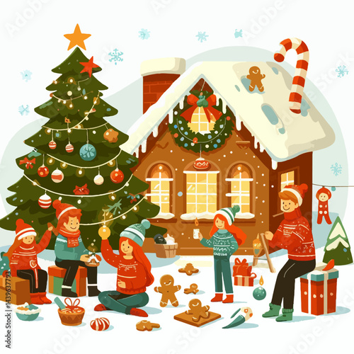 Group of people, young and old, are gathered around a decorated Christmas tree and gingerbread house, participating in holiday festivities.