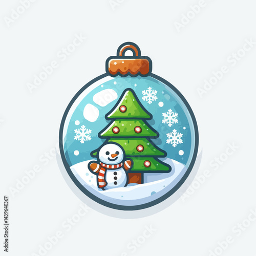 Stylized Christmas scene, featuring a snowman and a Christmas tree inside a decorative glass sphere.
