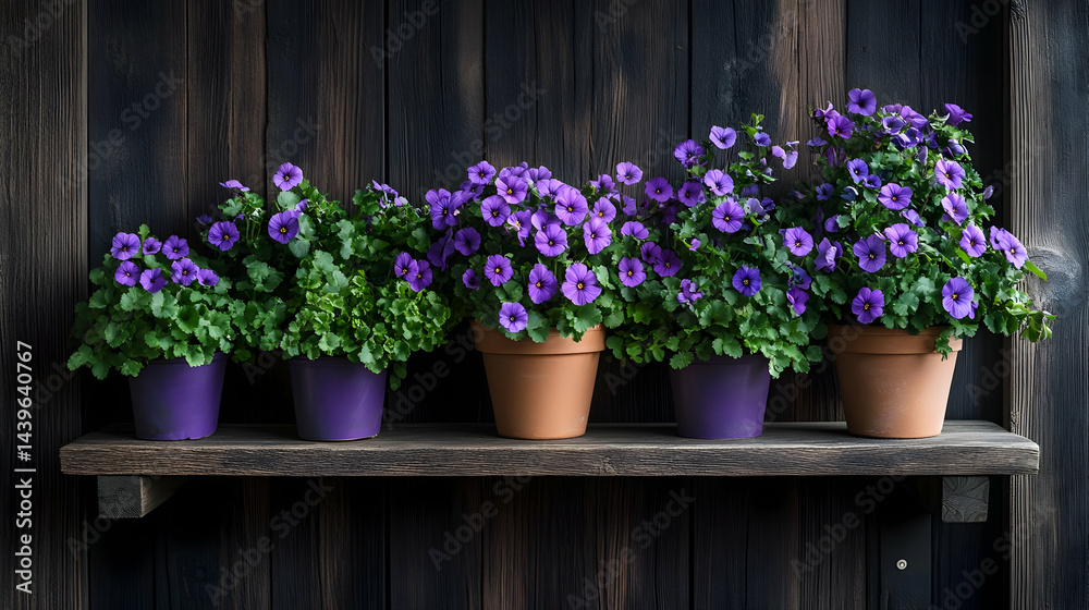 Fototapeta premium Stunning Purple Flowers in Terracotta Pots on Wooden Shelf