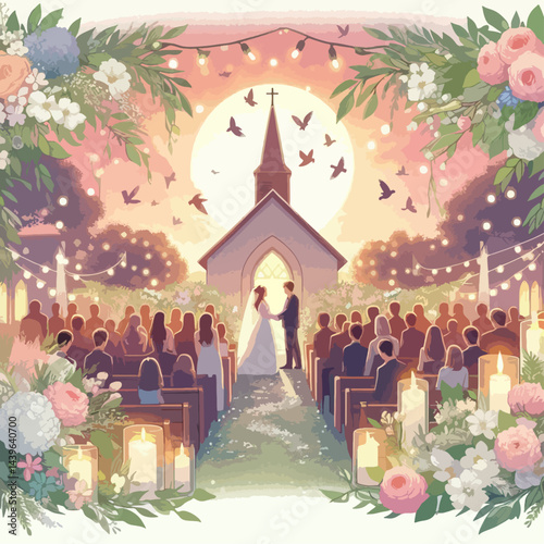 Large group of people are attending a wedding ceremony at an outdoor chapel with floral decorations, candles, and a romantic atmosphere.