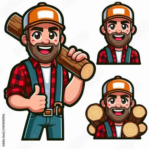 Three different poses of a friendly lumberjack character, featuring a log and a stack of logs.