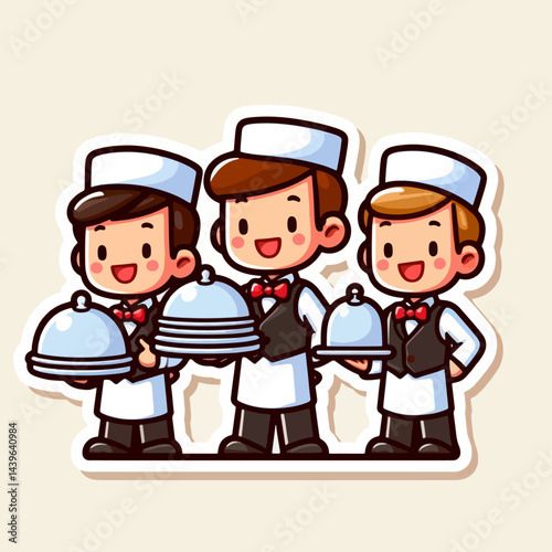 Graphic design of three children's cartoon waiters, carrying platters and food, in a friendly and engaging style.