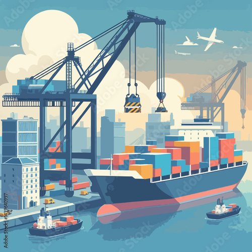 Picturesque depiction of a busy port, showing cargo ships, cranes, and city buildings in a vibrant visual design.