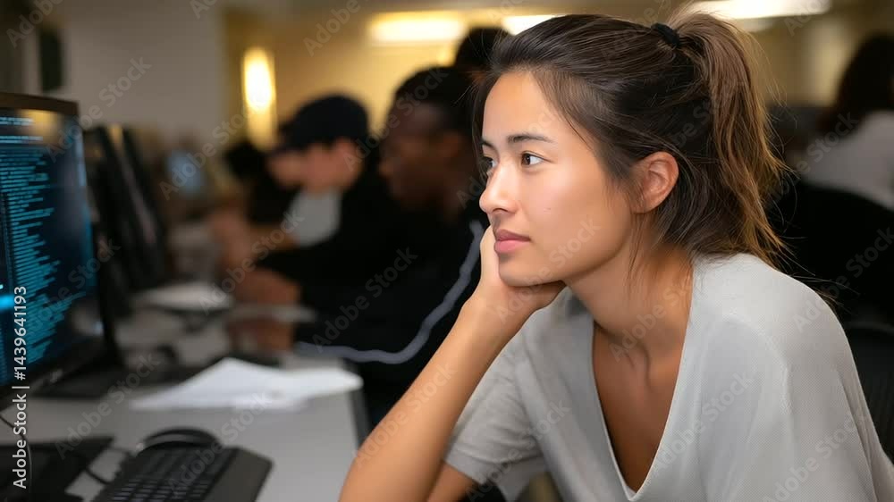 1_Female student debugging code in a computer lab 1_Female student debugging code in a computer lab