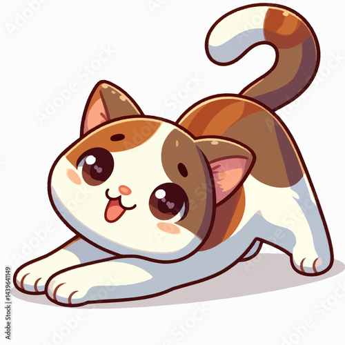 Stylized, cartoon depiction of a playful cat, with large eyes, smiling expression, and stretching body.